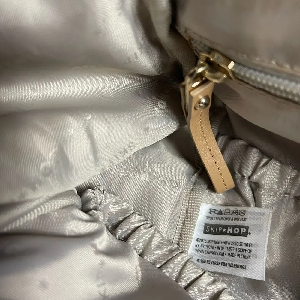 Skip Hop High line convertible Diaper Bag Beige & gray canvas tan leather straps